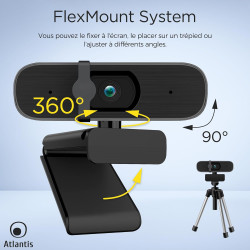 Atlantis Webcam 2K, 5 Mpixel 2560x1944/30fps et Full HD, autofocus, Double Microphone omnidirectionnel, Balance des Blancs, Angl
