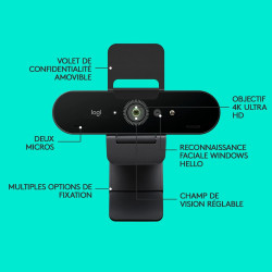 Logitech Brio Ultra 4k HD Pro Webcam, Streaming Rapide 1080p/60ips, Champs de Vision Réglable, Zoom X5, Compatible avec Skype, W