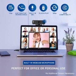 LYCANDER HD Webcam - avec Microphone Intégré, Câble USB, Hauteur Ajustable, Résolution 720p HD