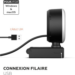 Mobility Lab - ML301310 – Webcam Filaire USB – Full HD, Pas de vis Universel intégré, Microphone intégré, Anneau LED réglable, P