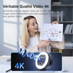 NexiGo N930E Pro, Webcam 4K avec Anneau Lumineux, autofocus PDAF, 1080P@60FPS, Doubles Microphones à réduction de Bruit, obturat