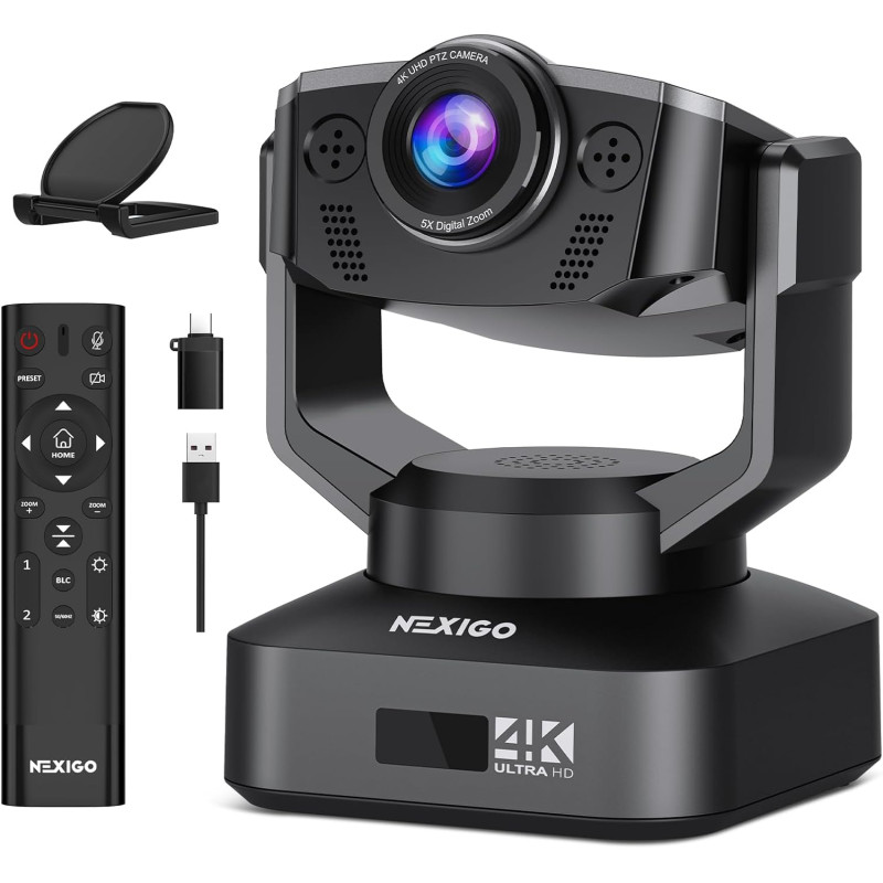NexiGo N990 4K PTZ Zoomable Webcam, Système de Caméra de Vidéoconférence avec Zoom Numérique 5X, Préréglage de Position, Double 