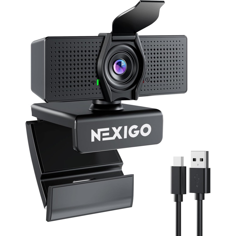 NexiGo N60 Pro (Gen 2) Webcam 1080P avec objectif sans distorsion, câble de données USB 3.0 vers Type-C, microphone à réduction 