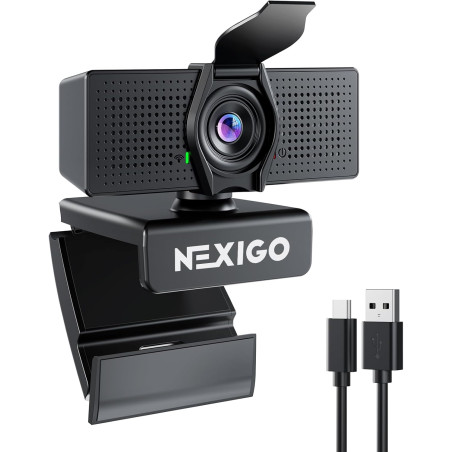 NexiGo N60 Pro (Gen 2) Webcam 1080P avec objectif sans distorsion, câble de données USB 3.0 vers Type-C, microphone à réduction 