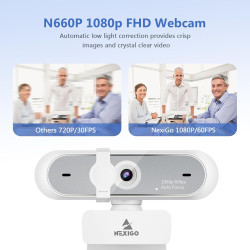 NexiGo Webcam N660P (Gen 2) 1080p 60 fps avec contrôle logiciel, double microphone et housse, autofocus, caméra Web HD USB pour 