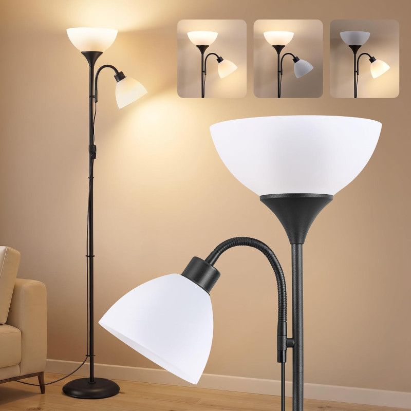 VASAGLE Lampadaire LED avec Liseuse, Lampe de Lecture sur Pied avec Bras Réglable, en Fer, 38,5 x 23,5 x 176 cm, Noir Mat, pour 