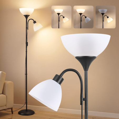 VASAGLE Lampadaire LED avec Liseuse, Lampe de Lecture sur Pied avec Bras Réglable, en Fer, 38,5 x 23,5 x 176 cm, Noir Mat, pour 
