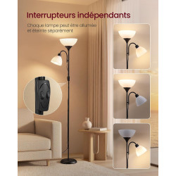 VASAGLE Lampadaire LED avec Liseuse, Lampe de Lecture sur Pied avec Bras Réglable, en Fer, 38,5 x 23,5 x 176 cm, Noir Mat, pour 