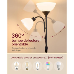 VASAGLE Lampadaire LED avec Liseuse, Lampe de Lecture sur Pied avec Bras Réglable, en Fer, 38,5 x 23,5 x 176 cm, Noir Mat, pour 