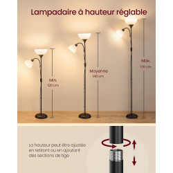 VASAGLE Lampadaire LED avec Liseuse, Lampe de Lecture sur Pied avec Bras Réglable, en Fer, 38,5 x 23,5 x 176 cm, Noir Mat, pour 