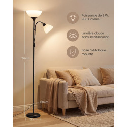VASAGLE Lampadaire LED avec Liseuse, Lampe de Lecture sur Pied avec Bras Réglable, en Fer, 38,5 x 23,5 x 176 cm, Noir Mat, pour 