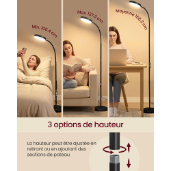 VASAGLE Lampadaire LED sur pied pour salon, lampe de lecture avec 3 températures de couleur et 10 niveaux de luminosité, bras fl