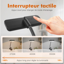 GRIFEMA Lampe de Lecture à Pince, 10 LED, USB C, Tête Orientable à 180° | 3 Températures de Couleur, Intensité Réglable de 10 à 