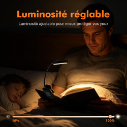 GRIFEMA Lampe de Lecture à Pince, 10 LED, USB C, Tête Orientable à 180° | 3 Températures de Couleur, Intensité Réglable de 10 à 
