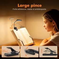 GRIFEMA Lampe de Lecture à Pince, 10 LED, USB C, Tête Orientable à 180° | 3 Températures de Couleur, Intensité Réglable de 10 à 