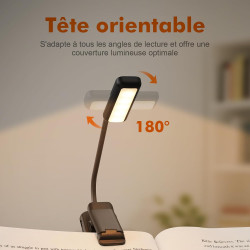 GRIFEMA Lampe de Lecture à Pince, 10 LED, USB C, Tête Orientable à 180° | 3 Températures de Couleur, Intensité Réglable de 10 à 