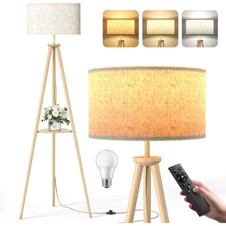 Lampadaire Trépied LED sur Pied Salon avec Étagères de Rangement - 12W Lampe sur Pied Bois avec Télécommande & Ampoule, Lampe Li