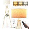 Lampadaire Trépied LED sur Pied Salon avec Étagères de Rangement - 12W Lampe sur Pied Bois avec Télécommande & Ampoule, Lampe Li