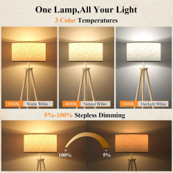 Lampadaire Trépied LED sur Pied Salon avec Étagères de Rangement - 12W Lampe sur Pied Bois avec Télécommande & Ampoule, Lampe Li