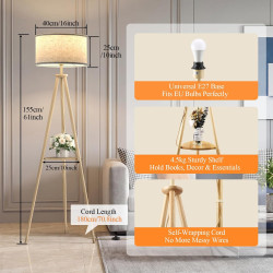 Lampadaire Trépied LED sur Pied Salon avec Étagères de Rangement - 12W Lampe sur Pied Bois avec Télécommande & Ampoule, Lampe Li