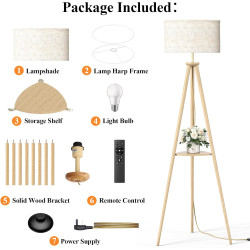 Lampadaire Trépied LED sur Pied Salon avec Étagères de Rangement - 12W Lampe sur Pied Bois avec Télécommande & Ampoule, Lampe Li