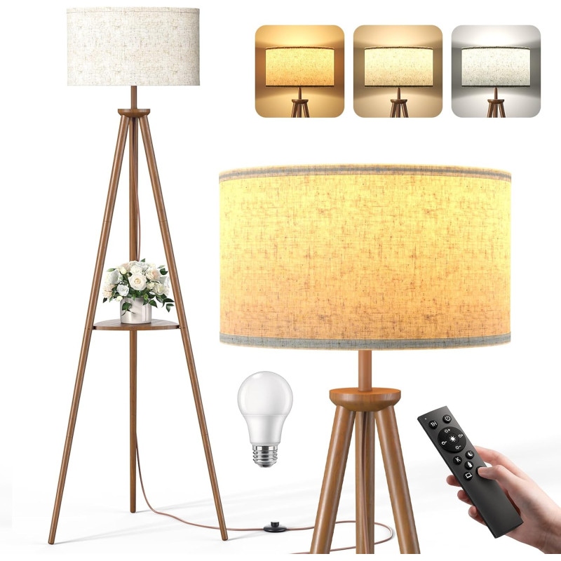 Lampadaire Trépied LED sur Pied Salon avec Étagères de Rangement - 12W Lampe sur Pied Bois avec Télécommande & Ampoule, Lampe Li