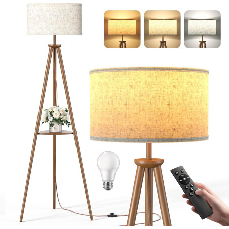 Lampadaire Trépied LED sur Pied Salon avec Étagères de Rangement - 12W Lampe sur Pied Bois avec Télécommande & Ampoule, Lampe Li