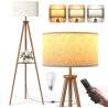 Lampadaire Trépied LED sur Pied Salon avec Étagères de Rangement - 12W Lampe sur Pied Bois avec Télécommande & Ampoule, Lampe Li