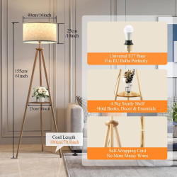 Lampadaire Trépied LED sur Pied Salon avec Étagères de Rangement - 12W Lampe sur Pied Bois avec Télécommande & Ampoule, Lampe Li