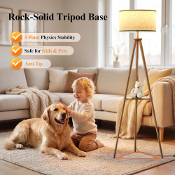 Lampadaire Trépied LED sur Pied Salon avec Étagères de Rangement - 12W Lampe sur Pied Bois avec Télécommande & Ampoule, Lampe Li