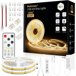 Bande LED COB de 20 m - Blanc chaud - 3000 K - 24 V - Intensité variable - Flexible - Avec bloc d'alimentation et télécommande R