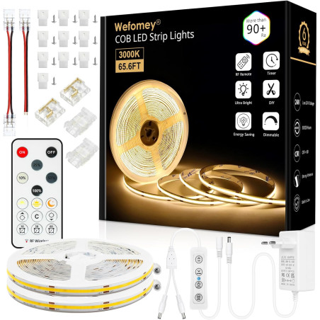 Bande LED COB de 20 m - Blanc chaud - 3000 K - 24 V - Intensité variable - Flexible - Avec bloc d'alimentation et télécommande R