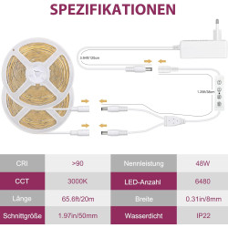 Bande LED COB de 20 m - Blanc chaud - 3000 K - 24 V - Intensité variable - Flexible - Avec bloc d'alimentation et télécommande R