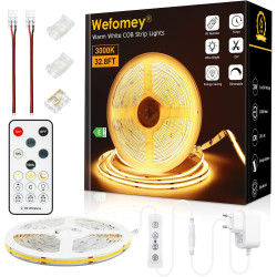 Bande LED COB - 10 m - Blanc chaud - 3000 K - Intensité variable - 24 V - Flexible - Avec bloc d'alimentation et télécommande RF