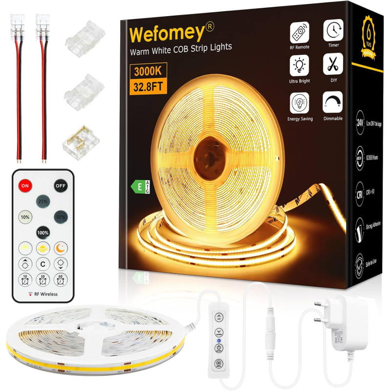 Bande LED COB - 10 m - Blanc chaud - 3000 K - Intensité variable - 24 V - Flexible - Avec bloc d'alimentation et télécommande RF