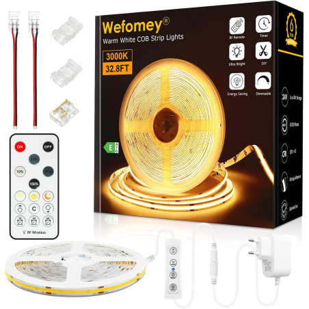 Bande LED COB - 10 m - Blanc chaud - 3000 K - Intensité variable - 24 V - Flexible - Avec bloc d'alimentation et télécommande RF