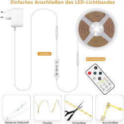 Bande LED COB - 10 m - Blanc chaud - 3000 K - Intensité variable - 24 V - Flexible - Avec bloc d'alimentation et télécommande RF