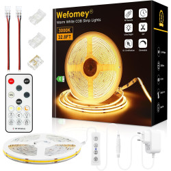 Wefomey 10M COB Ruban LED Blanc Chaud 3000K 324LED/M CRI90 Haute Luminosité 24V Dimmable avec Télécommande et Alimentation, Pour