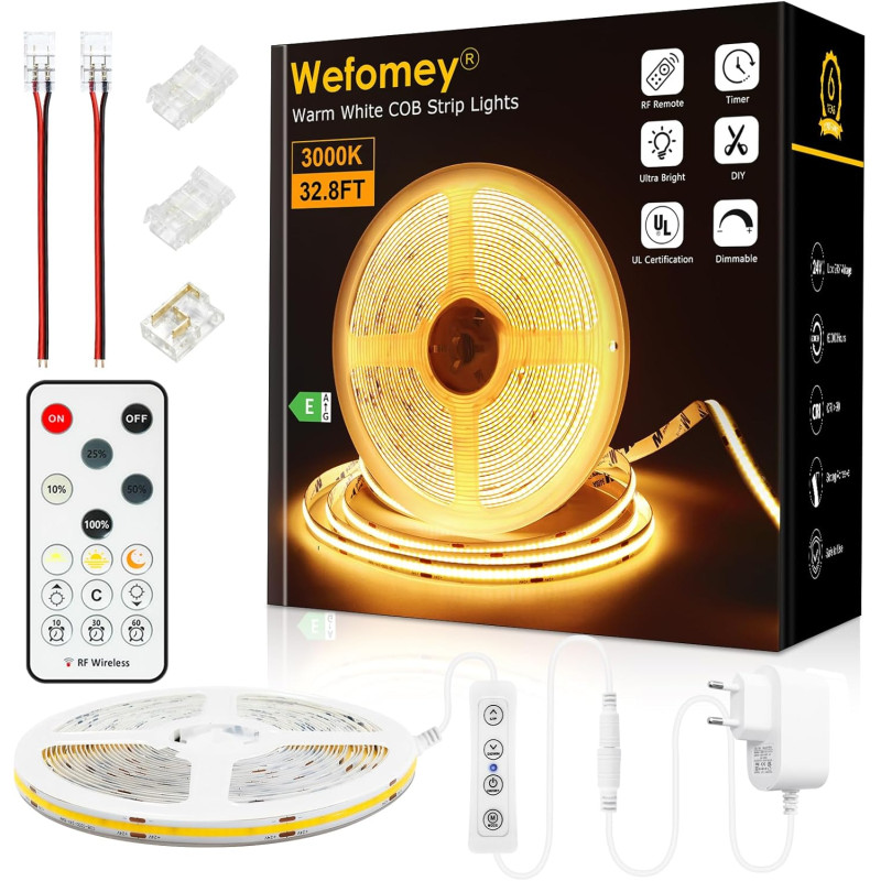 Wefomey 10M COB Ruban LED Blanc Chaud 3000K 324LED/M CRI90 Haute Luminosité 24V Dimmable avec Télécommande et Alimentation, Pour