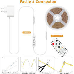 Wefomey 10M COB Ruban LED Blanc Chaud 3000K 324LED/M CRI90 Haute Luminosité 24V Dimmable avec Télécommande et Alimentation, Pour