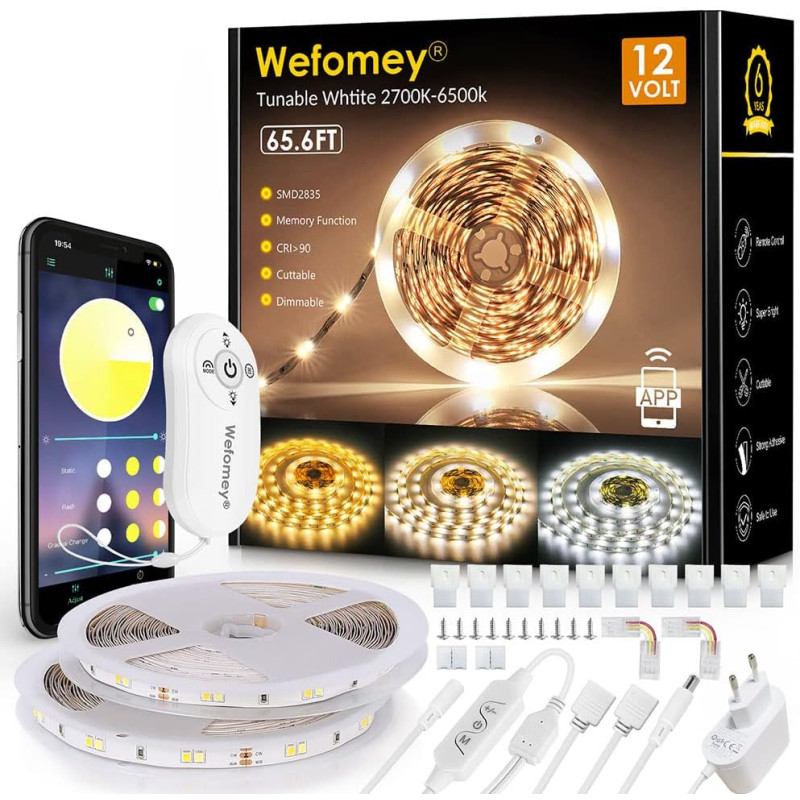 Wefomey Ruban LED 20M Blanc Chaud Dimmable 2700K-6500K LED Blanc Chaud avec Alimentation et Télécommande, Ruban Flexible Strip B