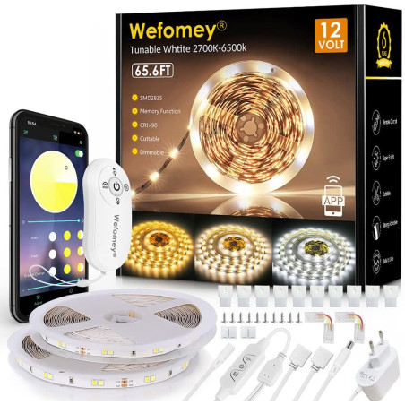 Wefomey Ruban LED 20M Blanc Chaud Dimmable 2700K-6500K LED Blanc Chaud avec Alimentation et Télécommande, Ruban Flexible Strip B
