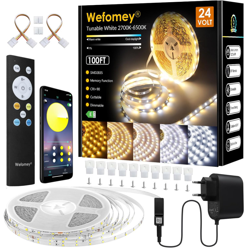 Bande LED de 30 m - Intensité variable - Contrôle par application - Blanc chaud à blanc froid - 24 V - Avec bloc d'alimentation 