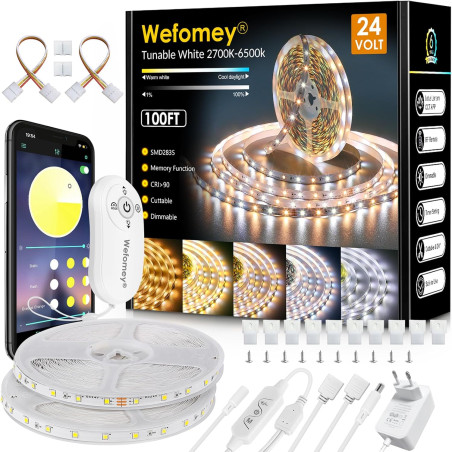Wefomey 30M Ruban LED Blanc Chaud à Blanc Froid 2700k à 6500k Dimmable, Bande LED 24V avec App Contrôle, Alimentation et Télécom
