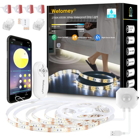 Wefomey Ruban LED Blanc Chaud avec Detecteur de Mouvement, 3M Imperméable Dimmable 2700-6500K Bande LED Blanc Froid pour Cuisine