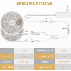 Wefomey Bande LED 40 m, 4000 K, 24 V, flexible, flexible, à intensité variable, pour cuisine, fête, chambre à coucher