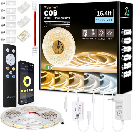 Bande LED COB 5M, commande APP, bande LED blanc chaud blanc froid 2700K-6500K, 24V variable flexible ensemble de bande LED avec 