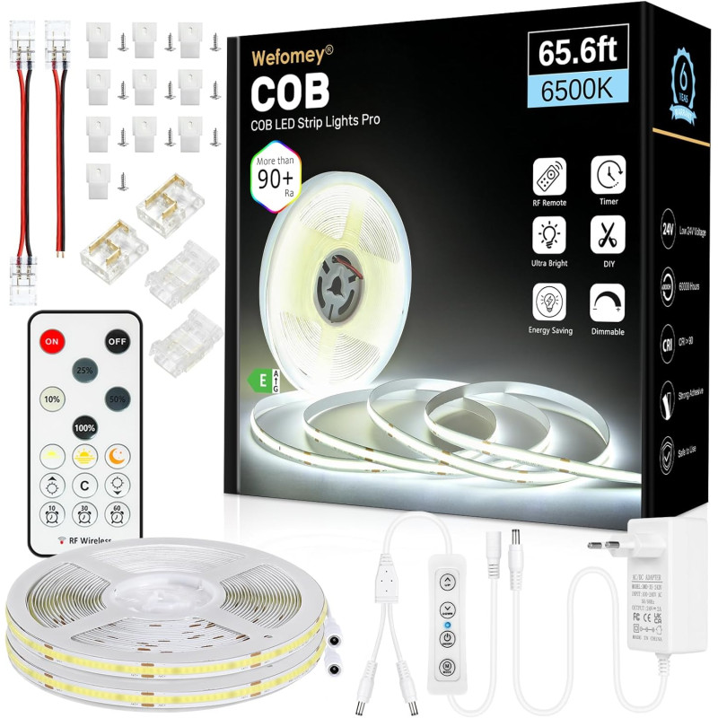 Bande LED COB de 20 m, bande LED à intensité variable de 24 V, blanc froid 6500 K, largeur de 8 mm, CRI 90+, bande lumineuse LED