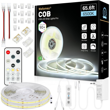 Bande LED COB de 20 m, bande LED à intensité variable de 24 V, blanc froid 6500 K, largeur de 8 mm, CRI 90+, bande lumineuse LED