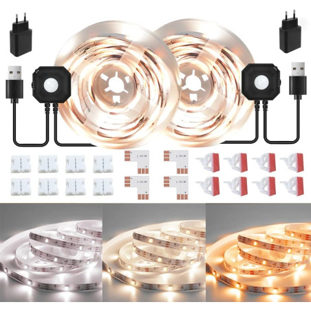 Ruban LED Blanc Chaud avec Detecteur de Mouvement, 6M Dimmable 2700-6500K Bande LED Autocollant Super Lumineuse, Fonction de Min